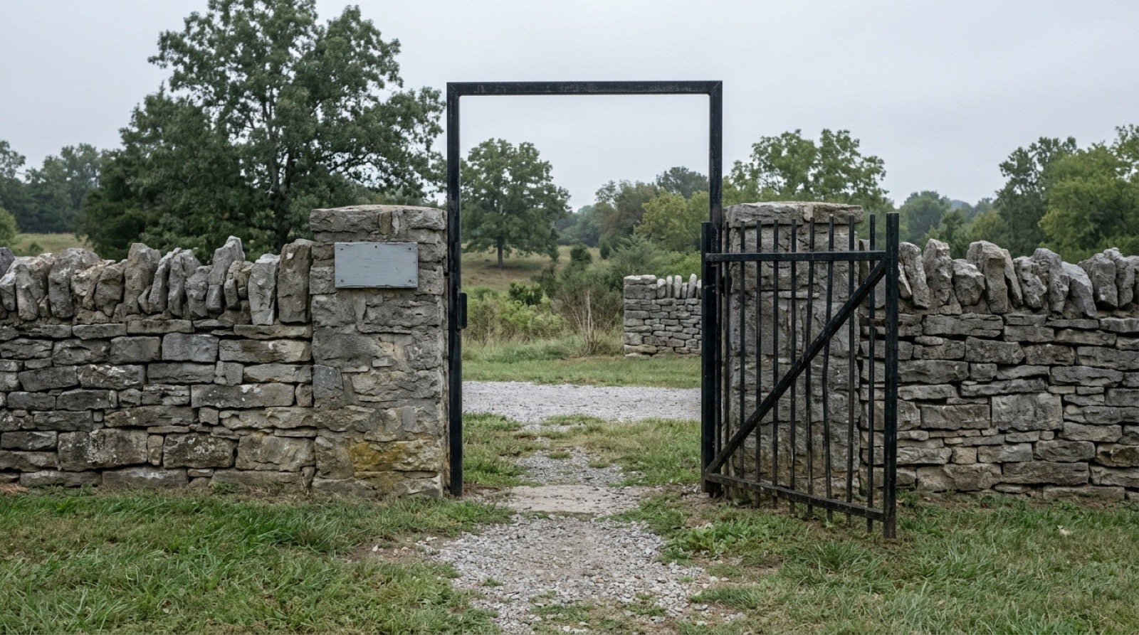 An iron gate standing open in a dry laid limestone wall, with a small weathered metal plaque on the pier, a gravel path through the opening and rough pasture and oaks beyond
