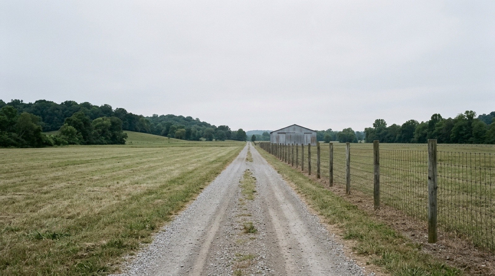A gravel farm lane running straight away between a mown hayfield and a wire fence, with a plain metal barn on the far horizon and wooded ridges either side