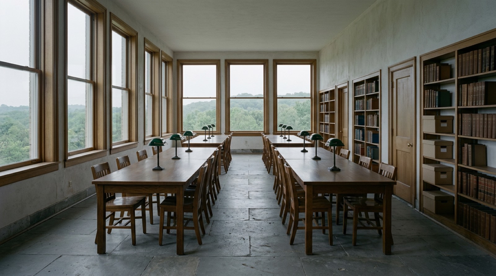 A long institutional reading room with two rows of oak tables under green shaded lamps, tall windows onto summer woodland, and shelves of plain bound volumes and archive boxes along the far wall, empty of people